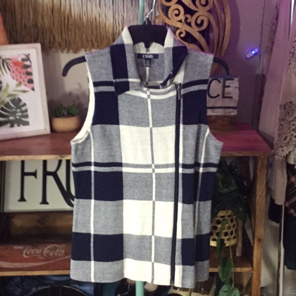 NWT Chaps Navy Plaid Asymmetric Full Zip Sweater Vest Womens Small Cotton - Picture 3 of 8